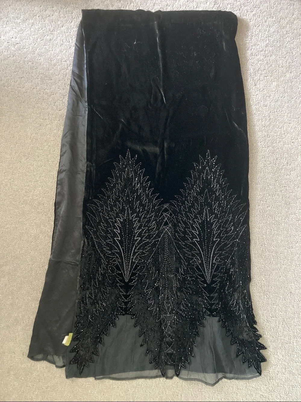 Vintage Echo black beaded silk satin & velvet scarf.